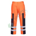 Pantaloni alta visibilità in tessuto Kingsmill Polycotton (65% poliestere + 35% cotone), 245 gr, modello con rinforzi in Nylon balistico a pannelli, omologati CE + EN ISO 20471 Classe 1, colore arancione/blu navy, tg. L