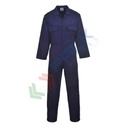Tuta da lavoro in tessuto Kingsmill 65% poliestere + 35% cotone, 210 gr, modello Euro Work, apertura frontale con bottoni, 6 ampie tasche, vestibilità tall, colore blu navy