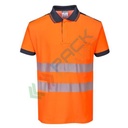 Polo alta visibilità in maglia in 55% cotone + 45% poliestere 175 gr, nastro premium HiVisTex Pro, anello sotto la chiusura per aggancio di occhiali/penne, certificata EN ISO 20471 Classe 2 + RIS 3279 TOM, colore arancione/blu navy, tg. S