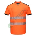 T-Shirt alta visibilità in maglia in 55% cotone + 45% poliestere 175 gr, nastro premium HiVisTex Pro, 1 tasca sicura, spacchi laterali, girocollo, certificata EN ISO 20471 Classe 2 + RIS 3279 TOM, colore arancione/nero, tg. M