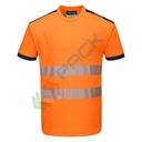 T-Shirt alta visibilità in maglia in 55% cotone + 45% poliestere 175 gr, nastro premium HiVisTex Pro, 1 tasca sicura, spacchi laterali, girocollo, certificata EN ISO 20471 Classe 2 + RIS 3279 TOM, colore arancione/blu navy, tg. 3XL