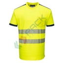 T-Shirt alta visibilità in maglia in 55% cotone + 45% poliestere 175 gr, nastro premium HiVisTex Pro, 1 tasca sicura, spacchi laterali, girocollo, certificata EN ISO 20471 Classe 2 + RIS 3279 TOM, colore giallo/blu navy, tg. S