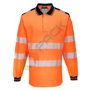 Polo alta visibilità in maglia in 55% cotone + 45% poliestere 175 gr, maniche lunghe, nastro premium HiVisTex Pro, anello sotto la chiusura per aggancio di occhiali/penne, certificata EN ISO 20471 classe 3 + RIS 3279 TOM, colore arancione/nero, tg. XXL