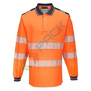 Polo alta visibilità in maglia in 55% cotone + 45% poliestere 175 gr, maniche lunghe, nastro premium HiVisTex Pro, anello sotto la chiusura per aggancio di occhiali/penne, certificata EN ISO 20471 classe 3 + RIS 3279 TOM, colore arancione/blu navy, tg. M