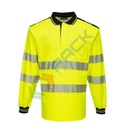 Polo alta visibilità in maglia in 55% cotone + 45% poliestere 175 gr, maniche lunghe, nastro premium HiVisTex Pro, anello sotto la chiusura per aggancio di occhiali/penne, certificata EN ISO 20471 classe 3 + RIS 3279 TOM, colore giallo/nero, tg. L