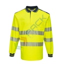 Polo alta visibilità in maglia in 55% cotone + 45% poliestere 175 gr, maniche lunghe, nastro premium HiVisTex Pro, anello sotto la chiusura per aggancio di occhiali/penne, certificata EN ISO 20471 classe 3 + RIS 3279 TOM, colore giallo/blu navy, tg. XL
