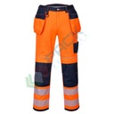 Pantaloni alta visibilità in tessuto Titanmill Plus (65% poliestere + 35% cotone), 300 gr, modello PW3 con tasche Holster, vestibilità small, omologati CE + EN ISO 20471 Classe 2, colore arancione/blu navy, tg. S