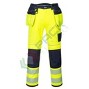 Pantaloni alta visibilità in tessuto Titanmill Plus (65% poliestere + 35% cotone), 300 gr, modello PW3 con tasche Holster, vestibilità small, omologati CE + EN ISO 20471 Classe 2, colore giallo/blu navy, tg. XS