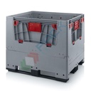 Cassa pallet in plastica (HDPE), pareti con sportelli abbattibili, 3 traverse, Mis. 1200 L x 1000 P x 1000 H mm, volume 900 Lt