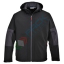 Giacca da lavoro Softshell, 94% poliestere + 6% elastan + micro pile 100% poliestere, finitura in tessuto resistente all'acqua, con cappuccio staccabile, colore nero