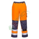 Pantaloni alta visibilità in tessuto Kingsmill Polycotton (65% poliestere + 35% cotone), 245 gr, vestibilità tall, modello Lyon bicolore, omologati CE + EN ISO 20471 Classe 2, colore arancione/blu navy, tg. XL
