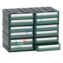 Cassettiera in plastica componibile con 12 cassetti, mis. 225 L x 133 P x 169 H mm, colore verde