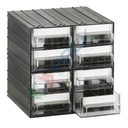 Cassettiera in plastica componibile con 8 cassetti e 8 separatori estraibili, mis. 225 L x 225 P x 225 H mm, colore trasparente