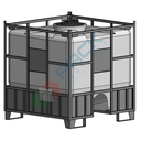 Contenitore cubico in plastica ideale per il trasporto e lo stoccaggio di liquidi chimici, capacità 1000 Lt, telaio extra (staffe antiribaltamento, protezioni antisfondamento, anti-inforcamento sia frontali che laterali)