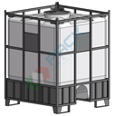 Contenitore cubico in plastica ideale per il trasporto e lo stoccaggio di liquidi chimici, capacità 1300 Lt, telaio extra (staffe antiribaltamento, protezioni antisfondamento, anti-inforcamento sia frontali che laterali)