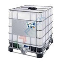 Cisterna IBC 1000 Litri in plastica, nuova, coperchio 150 mm, valvola di scarico 2", pallet in metallo/plastica, omologata ADR/ONU, colore neutro
