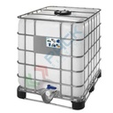 Cisterna IBC 1000 Litri in plastica, rigenerata con otre NUOVA, coperchio 225 mm, valvola di scarico 2", pallet in metallo/plastica, colore neutro