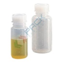 Bottiglia in plastica (PE), cilindrica a collo largo, capacità 100 ml, chiusura a vite normalizzato (tappo incluso)