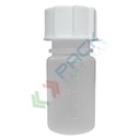 Bottiglia in plastica (PP), cilindrica a collo largo, capacità 50 ml, chiusura a vite normalizzato (tappo incluso)