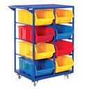 Carrello officina composto da 8 cassette in plastica bocca di lupo, realizzato in metallo/legno, Mis. 690 L x 470 P x 1120 H mm, base 4 ruote