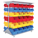 Carrello con tettoia composto da 60 cassette in plastica bocca di lupo, realizzato in metallo/legno, Mis. 1320 L x 820 P x 1610 H mm, base 4 ruote