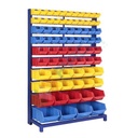 Scaffale composto da 75 cassette in plastica bocca di lupo, realizzato in metallo/legno, Mis. 1080 L x 470 P x 1600 H mm