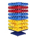 Scaffale con piantana composto da 96 cassette in plastica bocca di lupo, realizzato in metallo/legno, Mis. 820 L x 820 P x 1880 H mm, base con piedini