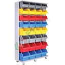 Armadio composto da 32 cassette in plastica bocca di lupo, realizzato in metallo/legno, Mis. 1070 L x 400 P x 1850 H mm, base con piedini