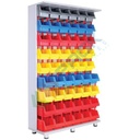 Armadio composto da 54 cassette in plastica bocca di lupo, realizzato in metallo/legno, Mis. 1100 L x 400 P x 1850 H mm, base con piedini