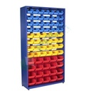 Armadio composto da 72 cassette in plastica bocca di lupo, realizzato in metallo/legno, Mis. 1180 L x 360 P x 2000 H mm, base con piedini