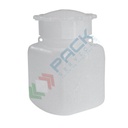 Bottiglia in plastica (PE) rettangolare a collo largo, graduata, capacità 25 ml, chiusura con tappo a vite e sottotappo (tappo incluso)