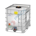 Cisterna IBC 1000 Litri in plastica, usata/rigenerata, coperchio 150 mm, valvola di scarico 2", gabbia e camicia metallica, pallet metallo
