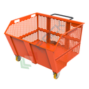 Benna ribaltabile con ruote, in rete di acciaio, capacità 1350 Lt, portata 2000 Kg, svuotamento con muletto, arancio RAL 2004