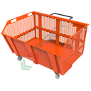 Benna ribaltabile con ruote, in rete di acciaio, capacità 1600 Lt, portata 2000 Kg, svuotamento con muletto, arancio RAL 2004