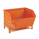 Contenitore in lamiera bocca di lupo triangolare con piedini, Mis. 800 L x 500 P x 640 H mm, portata 1000 Kg, colore arancio RAL 2004