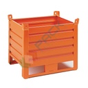 Contenitore in lamiera con slitte lato lungo, Mis. 800 L x 600 P x 605 H mm, portata 800 Kg, colore arancio RAL 2004