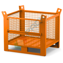 Contenitore in rete di lamiera con slitte lato lungo e anta, Mis. 1200 L x 800 P x 900 H mm, portata 1500 Kg, colore arancio RAL 2004
