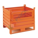 Contenitore in lamiera con slitte lato lungo e anta in rete, Mis. 1000 L x 800 P x 695 H mm, portata 1000 Kg, colore arancio RAL 2004