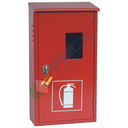 Cassetta porta estintore da 2 Kg CO², con vetro di ispezione, Mis. 330 L x 150 P x 620 H mm, chiusura sigillabile o luchettabile in zama, colore rosso RAL 3000