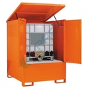 Deposito di stoccaggio in acciaio per 1 cisternetta IBC, con tetto apribile, volume di raccolta 1000 Lt, Mis. 1315 L x 1645 P x 1570 H mm, colore arancio RAL 2004