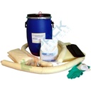 Kit di pronto intervento per prodotti chimici, capacità assorbimento 68 Lt, confezionato in fusto cilindrico in polietilene a bocca larga con maniglie
