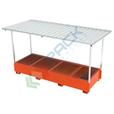 Vasca di contenimento liquidi in acciaio con tettoia smontabile, volume di raccolta 2000 Lt, ideale per 3 cisterne IBC, Mis. 3724 L x 1300 P x 2100 H mm, colore arancio RAL 2004