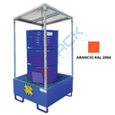 Vasca di contenimento liquidi in acciaio con tettoia, volume di raccolta 240 Lt, ideale per 1 fusto, Mis. 850 L x 850 P x 1600 H mm, colore arancio RAL 2004