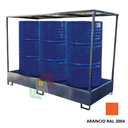 Vasca di contenimento liquidi in acciaio con tettoia, volume di raccolta 331 Lt, ideale per 3 fusti, Mis. 1950 L x 850 P x 1600 H mm, colore arancio RAL 2004