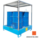 Vasca di contenimento liquidi in acciaio con tettoia, volume di raccolta 330 Lt, ideale per 4 fusti, Mis. 1340 L x 1250 P x 1600 H mm, colore arancio RAL 2004