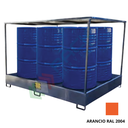 Vasca di contenimento liquidi in acciaio con tettoia, volume di raccolta 375 Lt, ideale per 6 fusti, Mis. 2000 L x 1250 P x 1600 H mm, colore arancio RAL 2004