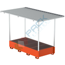 Vasca di contenimento liquidi in acciaio con tettoia smontabile, volume di raccolta 1400 Lt, ideale per 2 cisterne IBC, Mis. 2790 L x 1300 P x 2180 H mm, colore arancio RAL 2004