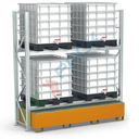 Scaffalatura con vasca di contenimento per lo stoccaggio di 4 cisternette IBC 1000 Lt, con barra antiribaltamento, colore arancio RAL 2004