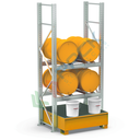 Scaffalatura con vasca di contenimento per lo stoccaggio di 4 fusti olio 200 Lt, versione a 2 ripiani, colore arancio RAL 2004