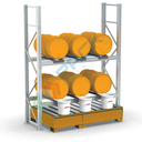 Scaffalatura con vasca di contenimento per lo stoccaggio di 6 fusti olio 200 Lt, versione a 2 ripiani, colore arancio RAL 2004